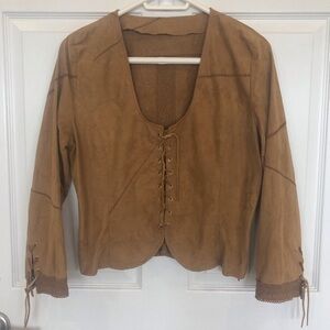 Suede boho hippie lace up top with crochet lace trim side slits tan soft pliable